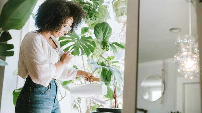 Woman with afro smiling while watering plant, surrounded by multiple plants in home.
