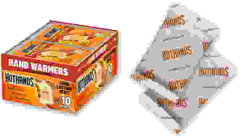 A display box and two individual packets contain HotHands hand warmers. "Long lasting heat! Up to ten hours," the package reads.