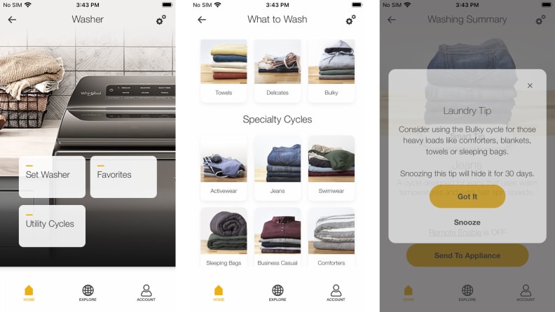 A series of three screenshots of the Whirlpool app on an iOS device. The first screen shows different washer options, the second screen showcases a lot of cycle options, and the third screen is showing a laundry tip.
