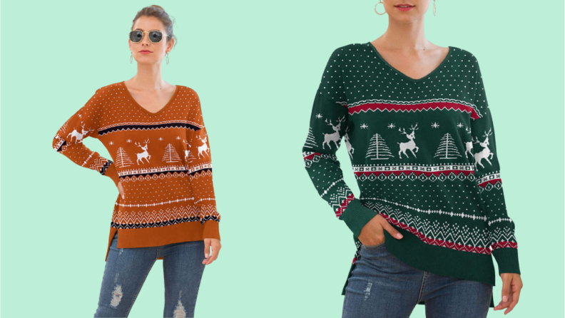 Two color variations of a fair isle sweater, one in orange and one in a dark green.