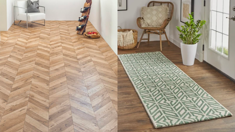 Two images of a chevron-style wood floor and a chevron throw rug.