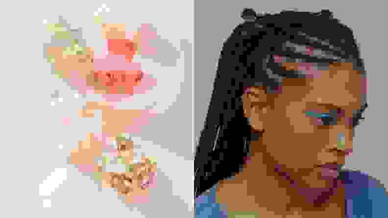 On the left: A colorful set of mini claw clips laying on a pink background. On the right: A person with braids in their hair pulled back with claw clips.