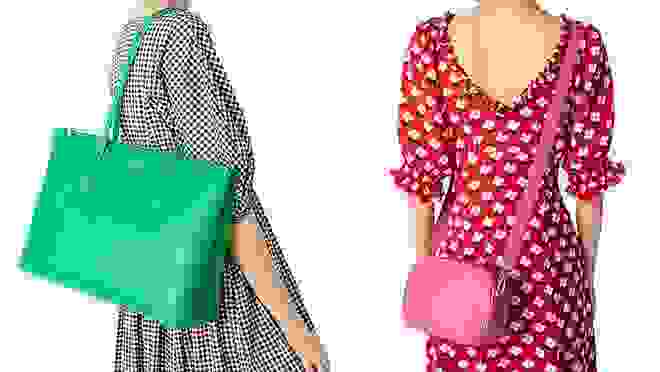 Woman carrying green tote, and woman carrying pink crossbody