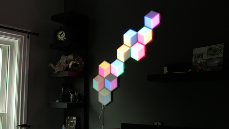 Govee hexagon lights mounted on wall in home.