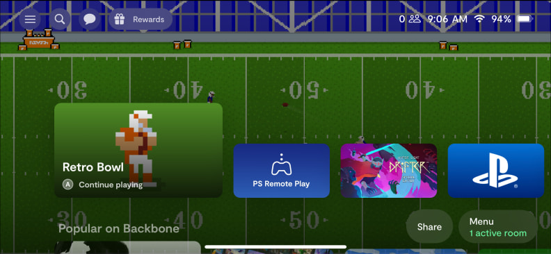 A screenshot of Backbone's app, showing most-recently-played games, including Retro Bowl (a pixel art football game) and Playstation 4 Remote Play.