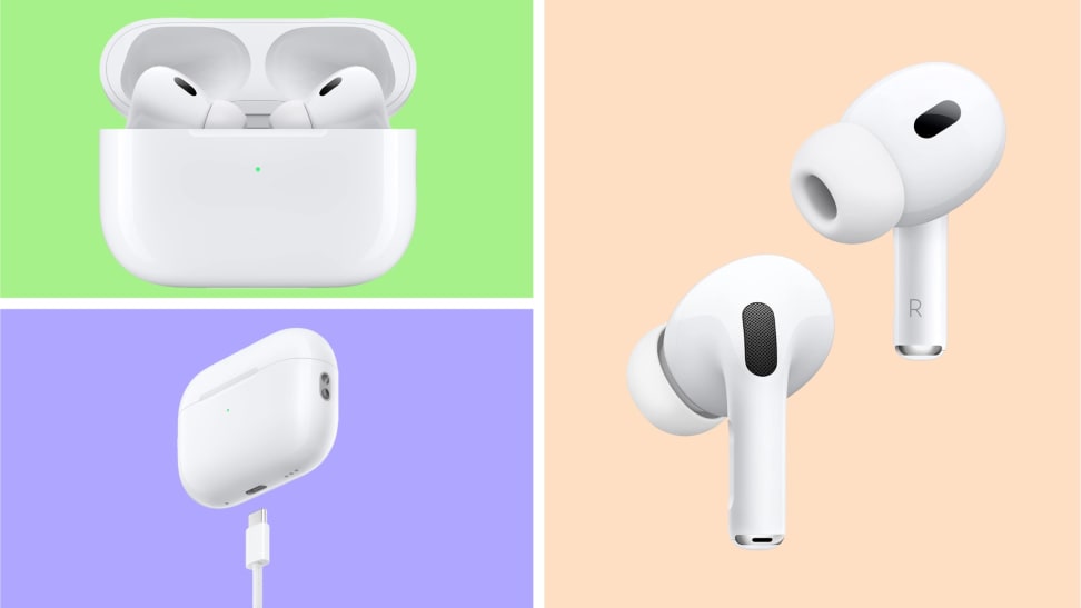Three sets of second-generation Apple AirPods Pro in front of colored backgrounds.