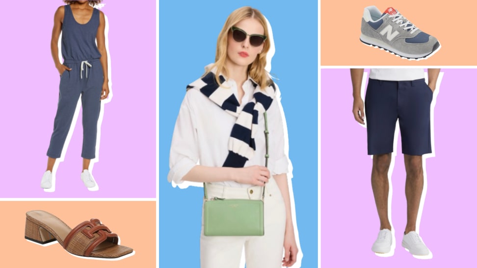 A collage of on-sale items at the Nordstrom Half-Yearly sale, including New Balance sneakers, Zella shorts, a Kate Spade purse, and more.