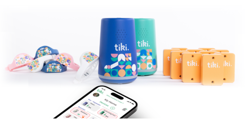 Tiki Smart app, bracelets, and base station pictured in a single photo