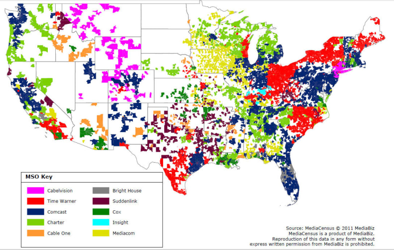 A map showing the territories cable/internet providers control.