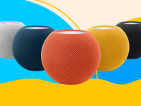 Apple HomePod minis in white, navy, peach, yellow, and black.