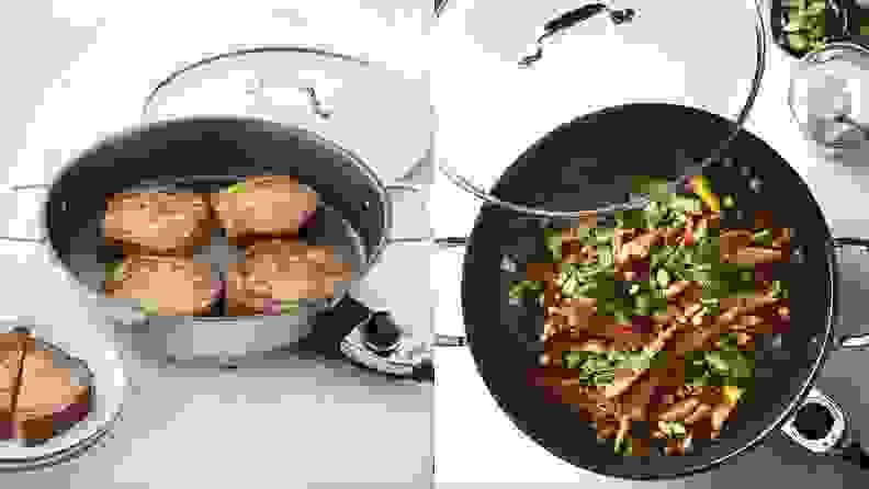 Left: French toast cooking in electric skillet. Right: vegetables cooking in the electric skillet, shot from above