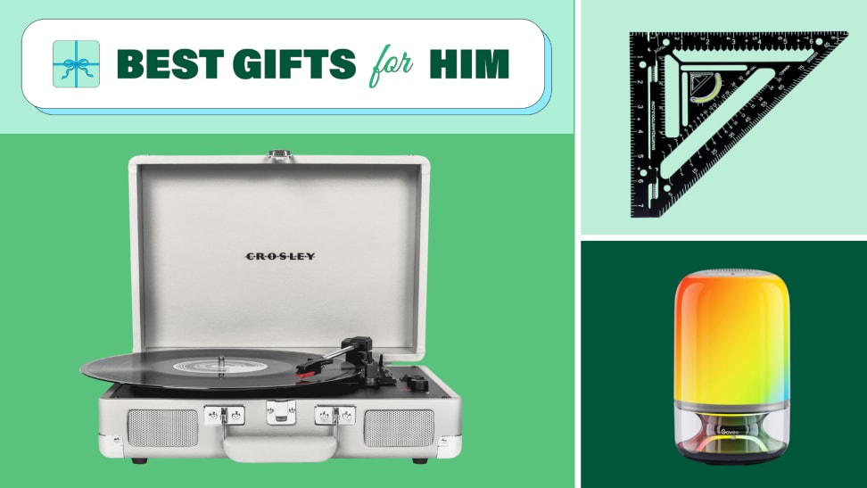 A vintage style Crosley record player, a square tool, and a rainbow-lighted table lamp