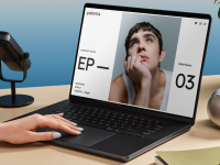 A person uses a laptop displaying a podcast website, an ideal idea for creating personalized holiday gifts like custom digital projects.