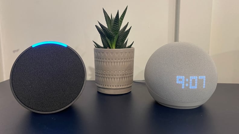 The Echo Pop and Echo Dot with Clock side by side
