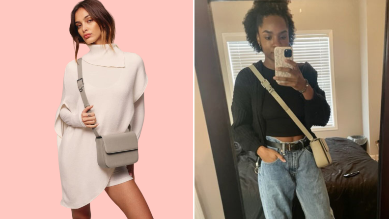 The author taking a mirror selfie wearing the Bandolier Billie Utility Bag, also a shot of a model wearing the same bag with a beige outfit.
