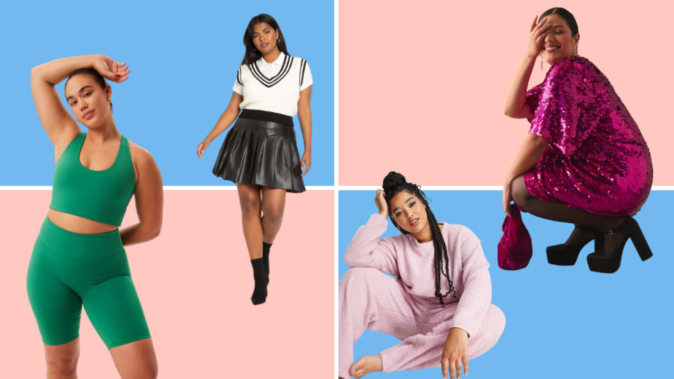 Collage of plus-size outfits: a green athleisure look, a leather skirt, a pink sleepwear look, and a sequin dress.