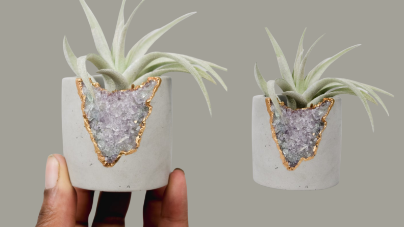 amethyst geode planter with succulent