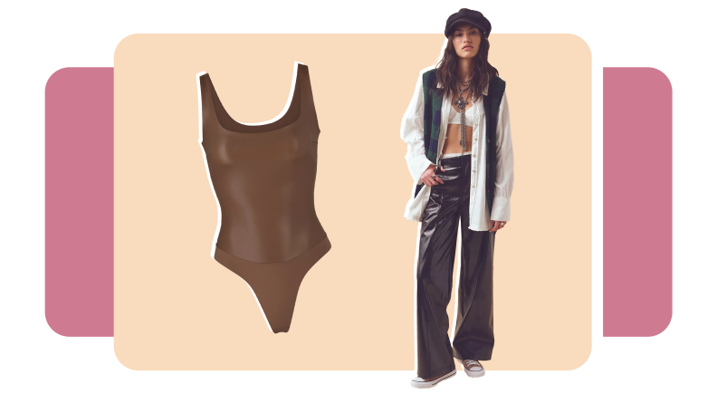 A Skims Swimsuit, a woman wearing a pair of vegan leather pants.
