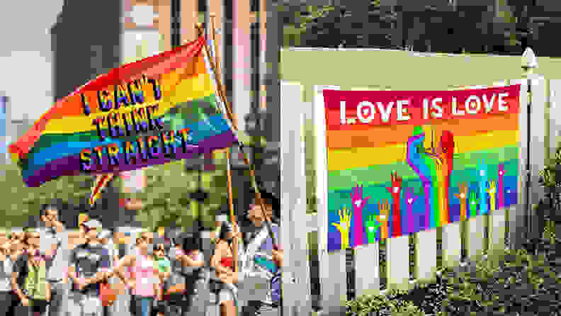 A rainbow flag being held at a Pride Parade, and a rainbow flag posted up on a fence in someone's yard