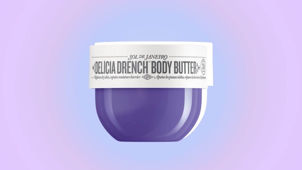Sol de Janeiro body butter against a blue and purple background.