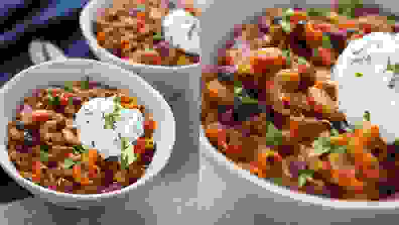 Two side-by-side shots of vegetarian chili macaroni in two white bowls, topped with sour cream and fresh cilantro.