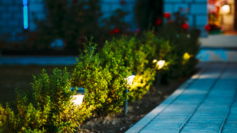 Solar-powered lights being using to illuminate pathway leading up to house at night.