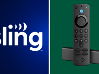 一个拼贴画the Sling TV logo and an Amazon Fire TV Stick.
