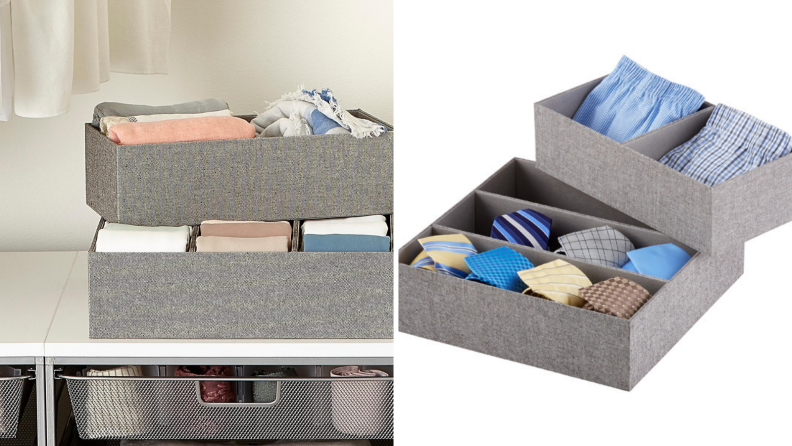 Drawer dividers keep your folded clothes neat. You can slide them into dresser drawers, or put them on a shelf.
