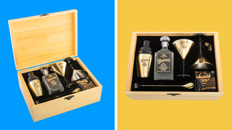 Two boxes of Artingstall’s Brilliant London Dry Gin with limited edition cocktail kits on a blue and yellow background.