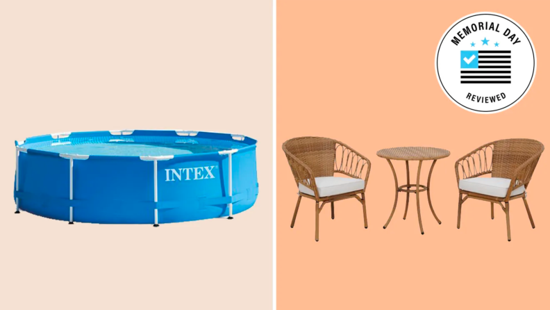 An inflatable pool and patio furniture against an orange background.
