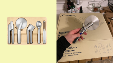 Photo collage of the Caraway Kitchen Gadgets Set on a yellow background next to a person's hand holding a pizza cutter wheel in front of box.