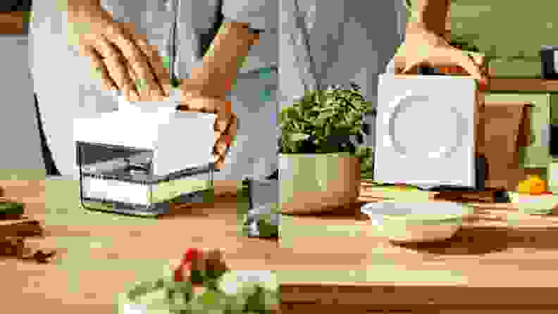 A pair of photographs show how easy it is to drain the excess liquid from the TofuBud tofu press.