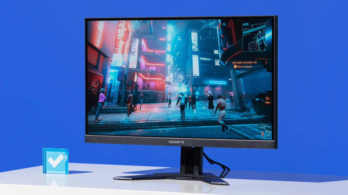 Gigabyte M27U monitor with a blue background.