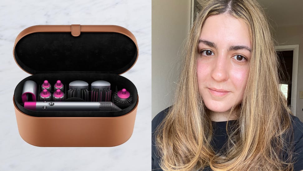 On the left: The Dyson Airwrap Styler attachments sitting inside a brown leather carrying case. On the right: The author smiling at the camera with a straight hairstyle that curls at then ends.