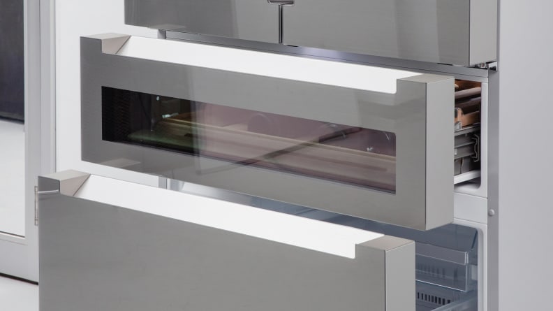 A close-up of a flex drawer pulled out from a French-door refrigerator