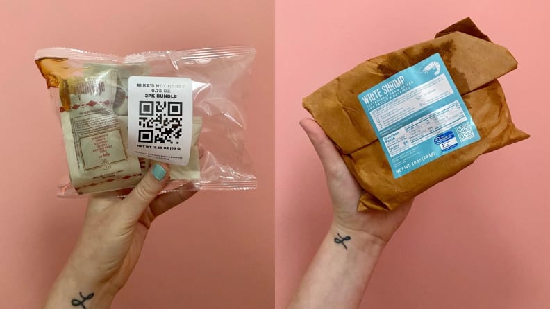 Side by side photos of a hand holding grocery items.