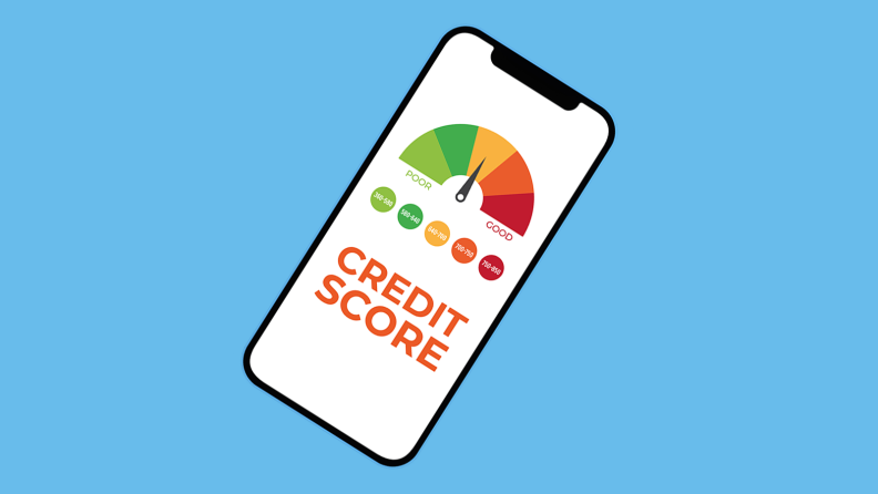 Cartoon graphic of smartphone with credit score monitoring on screen.