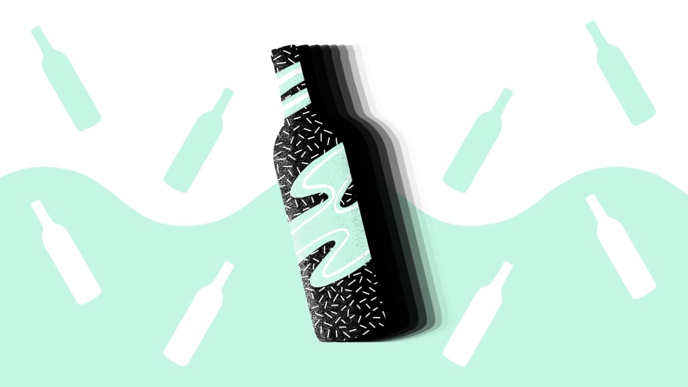 An illustration of a wine bottle and geometric shapes, featuring shades of light mint, black, and white.