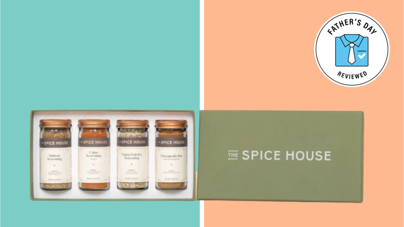 A set of four spices in a green box