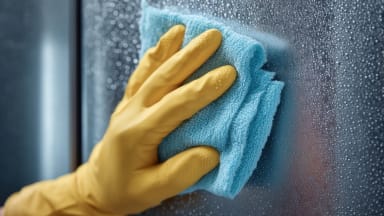 A person wearing gloves wipes a stainless-steel fridge with a microfiber towel.
