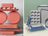 Left: Coral-colored bakeware from Caraway stacked in a tower; right: blue-colored bakeware from Caraway on a table.