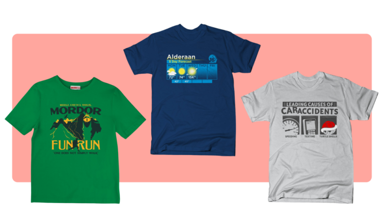 Three T-Shirts featuring designs from Mario Kart, Star Wars, and Lord of the Rings.