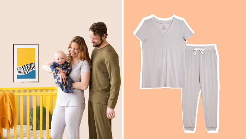 On left, parenting smiling while looking at baby in arms while wearing Magnetic Me pajamas. On right, product shot of the gray Magnetic Me pajamas.