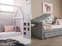 On left, white 5-in-1 convertible crib in toddler girl's bedroom. On right, gray tufted daybed in child's bedroom.