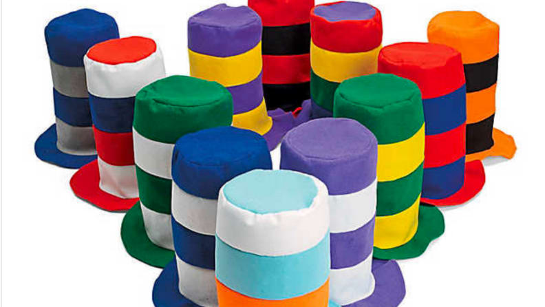 Striped stovepipe hats in a variety of different color combinations.