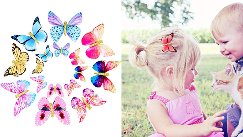 On the left: butterfly barrettes on a white background. On the right: A little girl wearing butterfly barrettes in her hair.