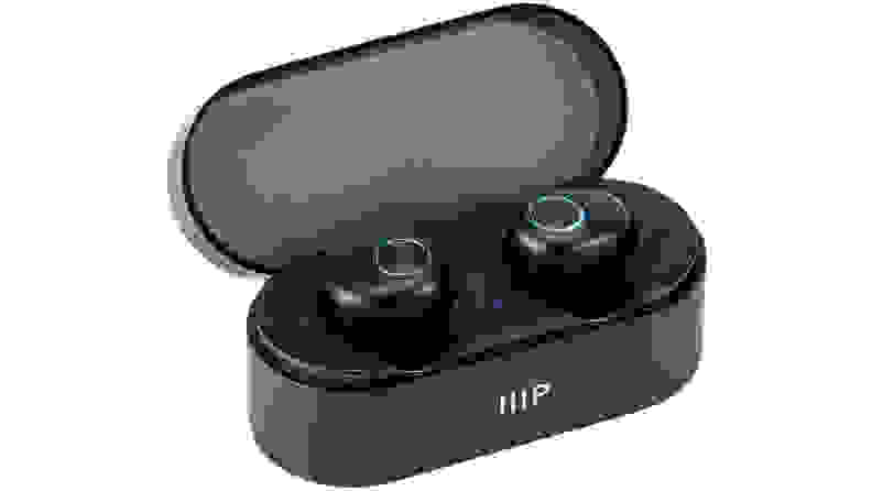 A pair of Monoprice True Wireless Plus earbuds and charging case on a white background.