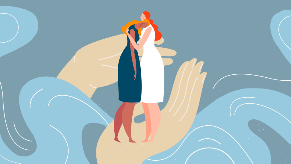 An illustration of a woman hugging another woman.
