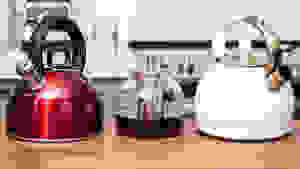 Three tea kettles, including the Cuisinart Aura, the Hiware glass kettle and the Susteas teapot, sit on a kitchen counter.