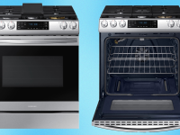 Samsung oven range opened to display inside of appliance.